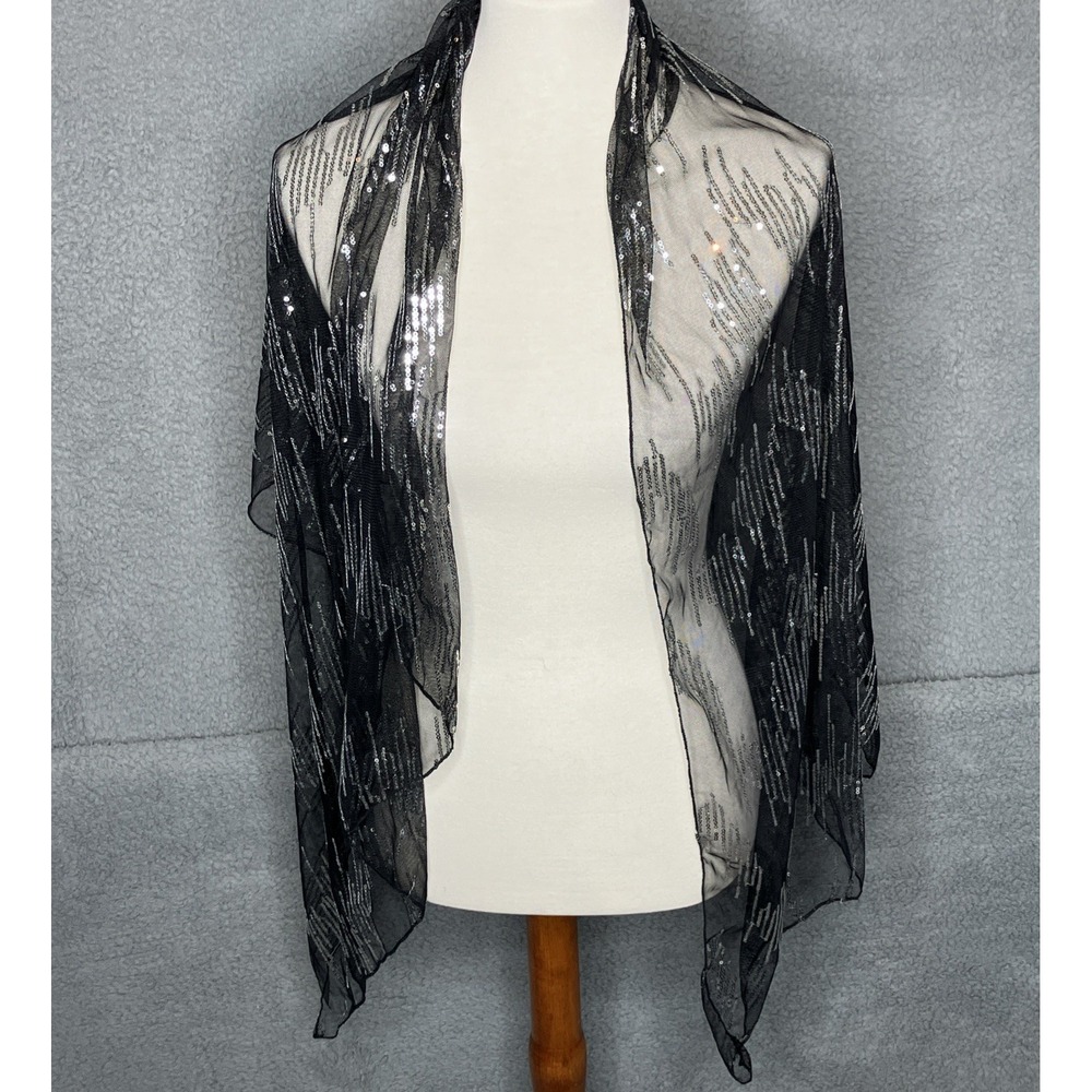 Vtg Sequin Shawl One Size Black Silver Sequin Wrap Fairy Whimsygoth Sparkle‎